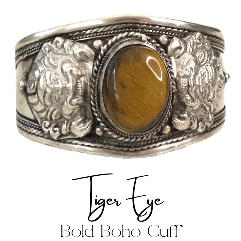 NWT Bold Giant Genuine Tiger Eye Antiqued Silvertone Boho Gypsy Cuff Bracelet